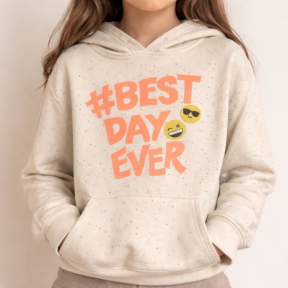 Joe Boxer Girls Hoodie 10/12 Cream Speckled Graphic Pullover Emoji Sweatshirt